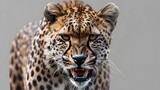 Portrait of Leopard or Cheetah that roaring isolated on transparent background, Panthera pardus looking at camera, wildlife animal
