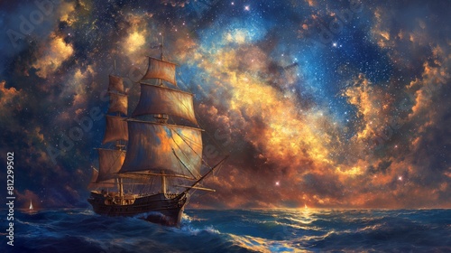 Majestic sailing ship traverses the starry seas at twilight.