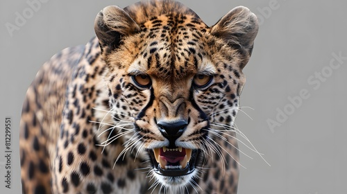 Portrait of Leopard or Cheetah that roaring isolated on transparent background, Panthera pardus looking at camera, wildlife animal photo