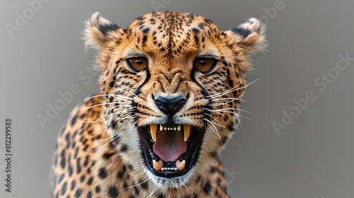 Portrait of Leopard or Cheetah that roaring isolated on transparent background, Panthera pardus looking at camera, wildlife animal photo