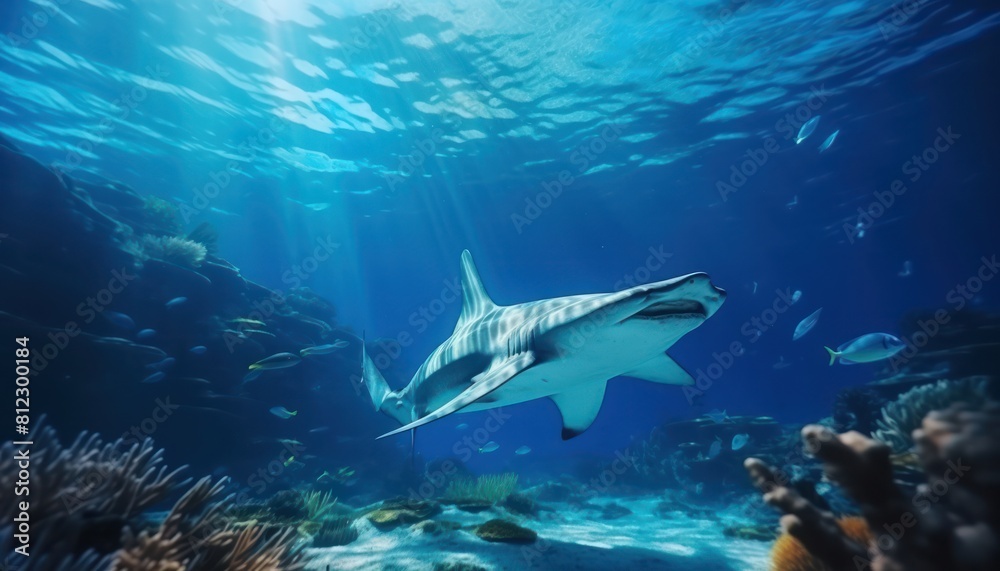 The Giant Sharks in the ocean, portrait of Shark hunting prey in the underwater The Giant Sharks in the ocean, portrait of Shark hunting prey in the underwater