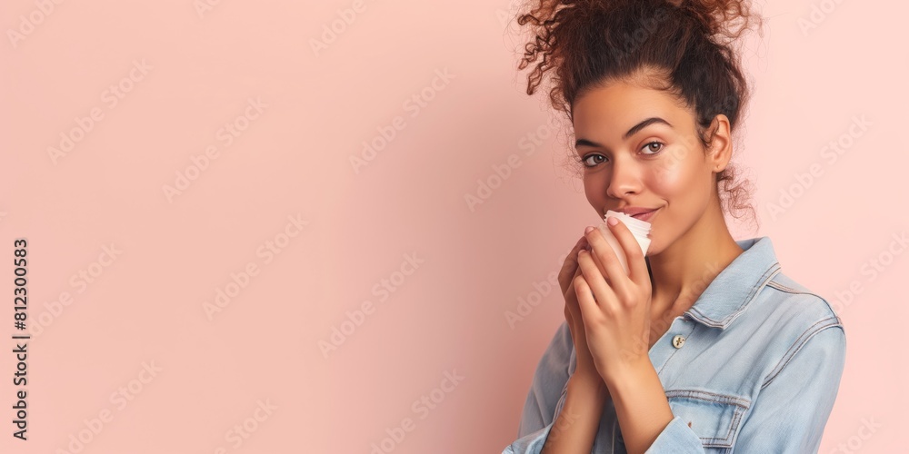 A smiling woman gently wipes her face with a soft tissue against a minimalist backdrop A smiling woman gently wipes her face with a soft tissue against a minimalist backdrop