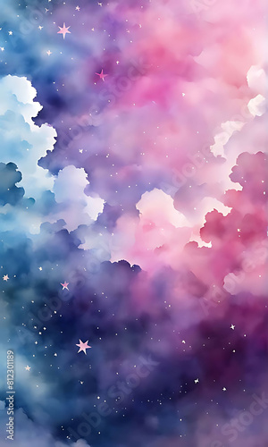 Watercolor sky with clouds and stars, dreamy, soft blue purple and pink color background , banner 