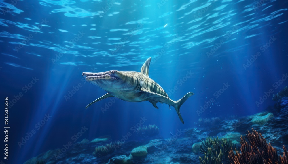 Fototapeta premium The Giant Sharks in the ocean, portrait of Shark hunting prey in the underwater