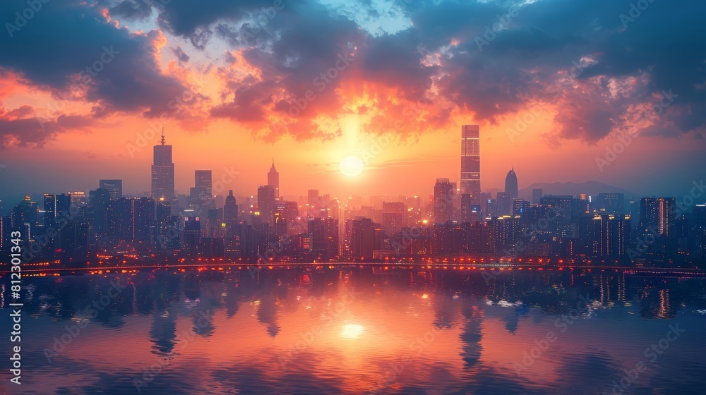 Fototapeta premium Breathtaking Sunset over Hong Kong Skyline, Cityscape Photography Style, Urban Wonder Concept, Perfect for Travel Guides, Architectural Studies.