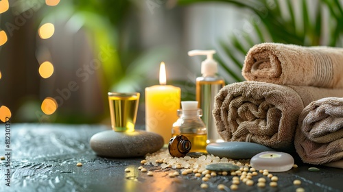 Spa wellness or massage products set for skin treatment isolated on background  towel  candle  oil and soap aromatics spa.