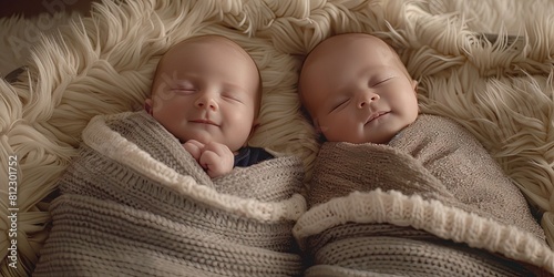 Baby twins. Pair of young infants that are identical siblings photo