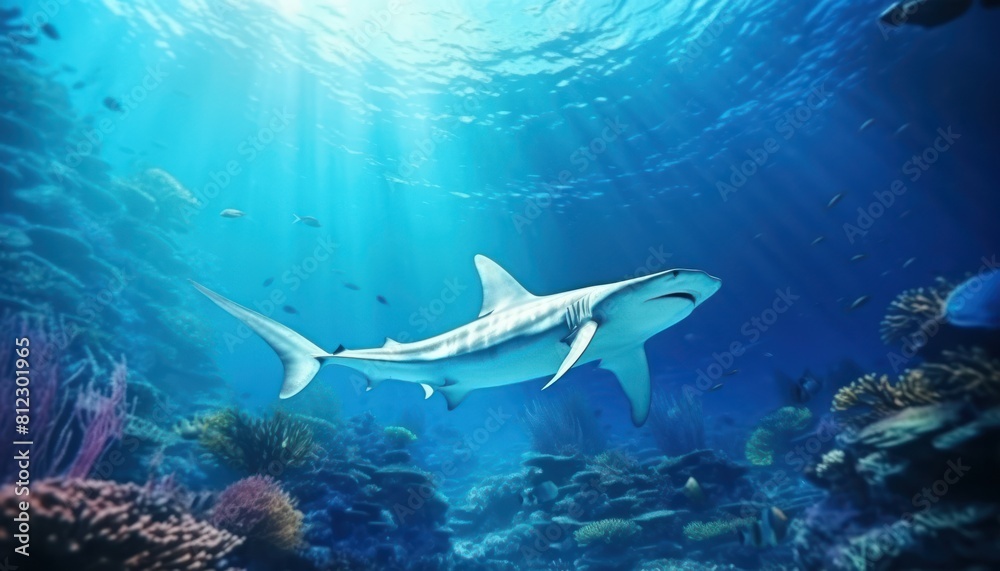 Fototapeta premium The Giant Sharks in the ocean, portrait of Shark hunting prey in the underwater