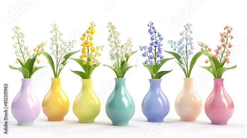 Spring lily of the valley flowers  vases with colorful lilly flower collection isolated on white background. Floral design elements banner. Springtime themes 