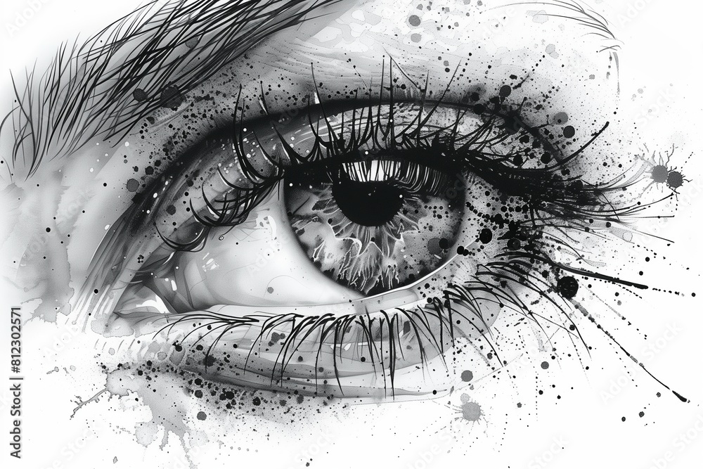 Highly detailed black and white illustration of a human eye with ...