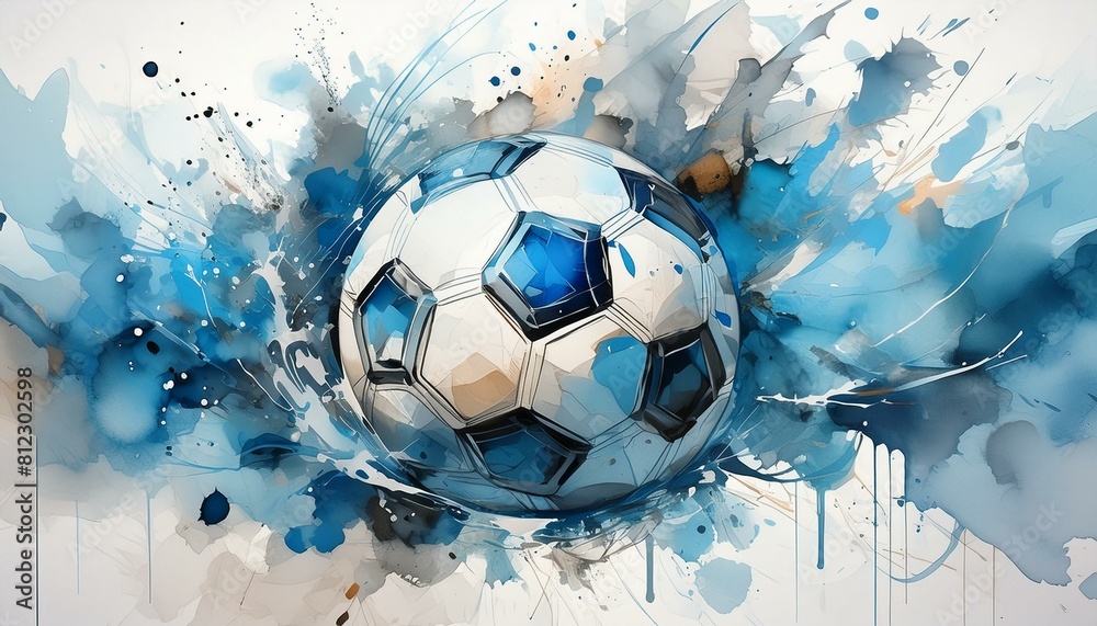 Obraz premium Abstract soccer ball watercolor art with blue sport print, creative wall decoration.