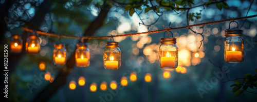 A garland of beautiful candlesticks made from used glass jars. They are suspended in the spring evening garden. Horizontal banner with free place for text photo
