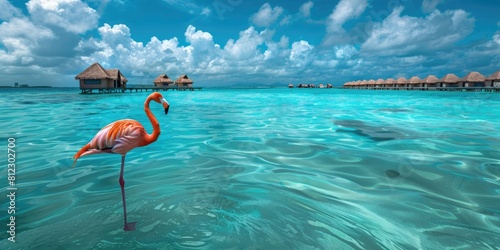A pink flamingo standing in the shallows of a tropical beach with overwater bungalows in the distance. AIG51A. photo