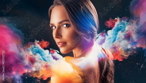 beautiful fantasy abstract portrait of a beautiful girl against the backdrop of space and galaxy