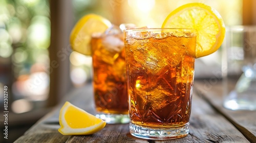 Two Glasses of Iced Tea With Lemons on a Wooden Table