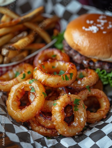 Delicious onion rings in a basket on a table with a burger.