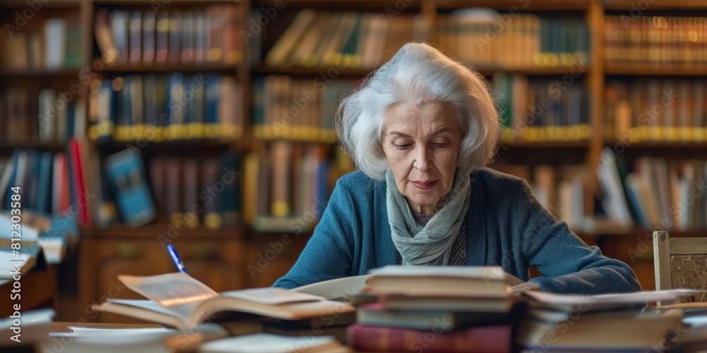 An elderly woman is absorbed in reading various books in a well-furnished library setting An elderly woman is absorbed in reading various books in a well-furnished library setting