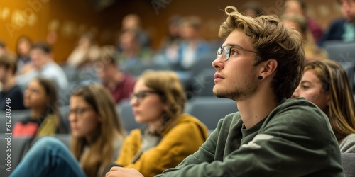 An attentive male student listening carefully during a lecture in a university setting with peers