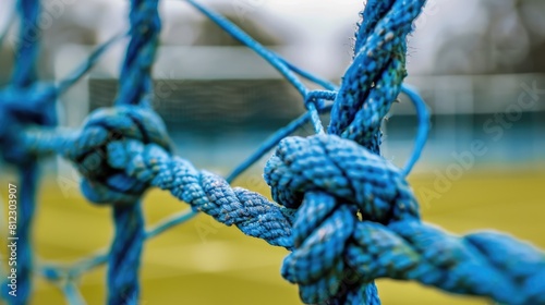 Close up image of a knot securing sections of a soccer goal net