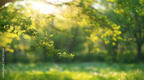 Blurry background of green spring trees with sunlight filtering through