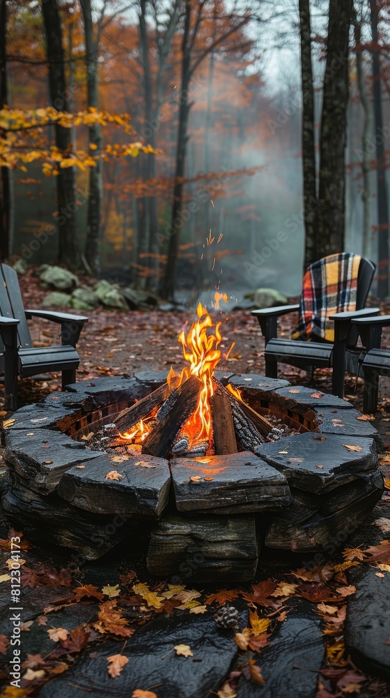 A rustic fire pit outside a cabin in the autumn landscape. 