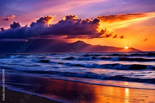 Photographs of beautiful sunsets  sunsets  brilliant sunsets in the island s sea mountains  colors of time and directions of light rays  korea hyper-realistic  and photo-realism  ai  generative        
