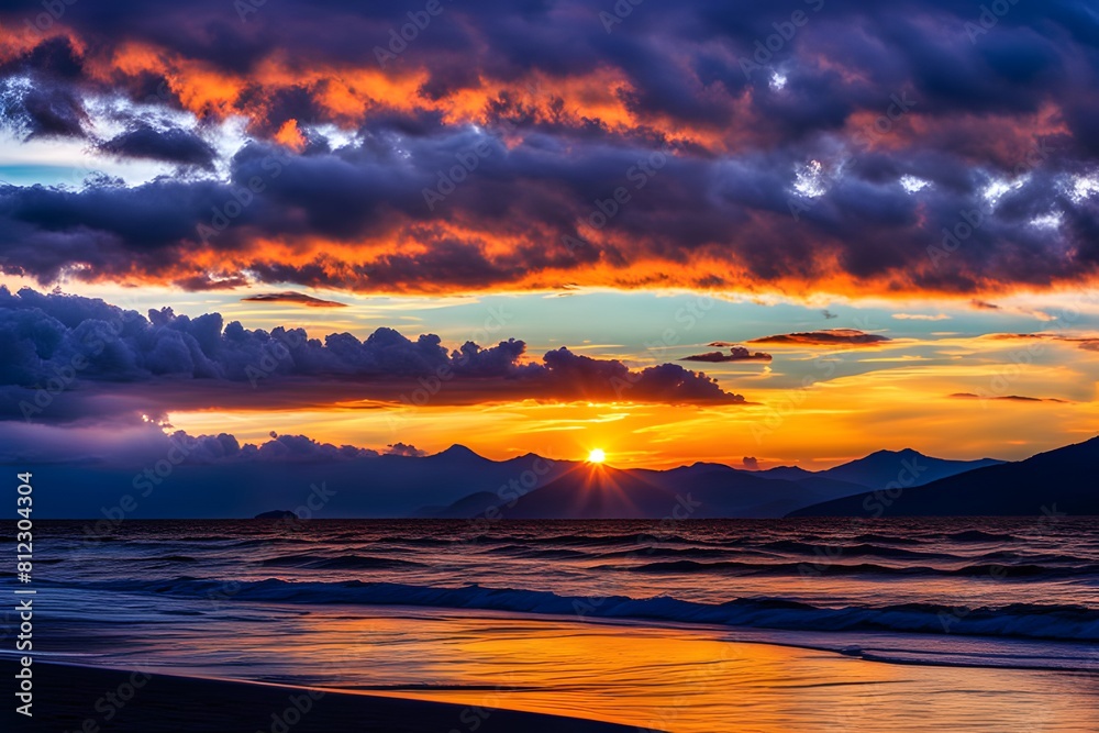 Photographs of beautiful sunsets, sunsets, brilliant sunsets in the island's sea mountains, colors of time and directions of light rays, korea hyper-realistic, and photo-realism, ai, generative, 석양