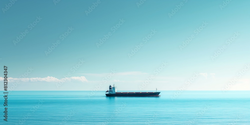 Minimalistic image of a solitary cargo ship cruising through vast blue waters under a clear sky, implying global trade and transportation Minimalistic image of a solitary cargo ship cruising through vast blue waters under a clear sky, implying global trade and transportation