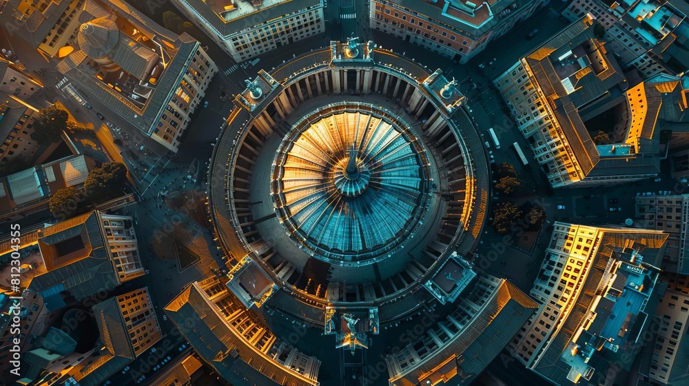 Fototapeta premium Exhibit an aerial view of the Pantheon, showcasing its perfectly symmetrical design and its position in the urban landscape of Rome