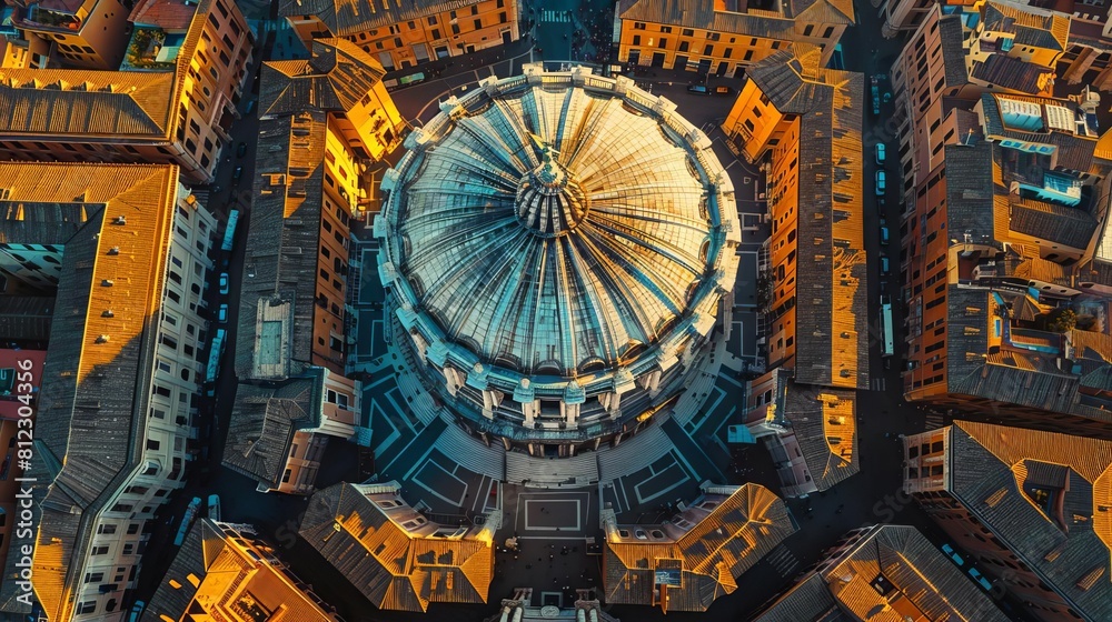 Obraz premium Exhibit an aerial view of the Pantheon, showcasing its perfectly symmetrical design and its position in the urban landscape of Rome
