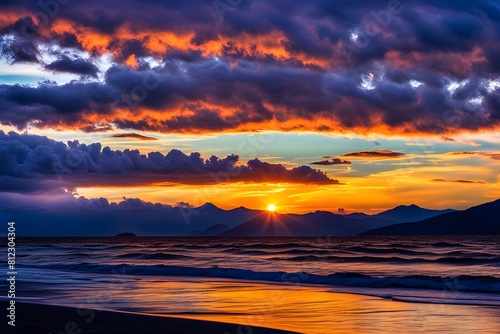 Photographs of beautiful sunsets, sunsets, brilliant sunsets in the island's sea mountains, colors of time and directions of light rays, korea hyper-realistic, and photo-realism, ai, generative, 석양