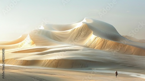 Exhibit an artistic interpretation of the deserts harsh beauty, with towering sand dunes rippling under the winds influence, challenging the resilience of nomadic life