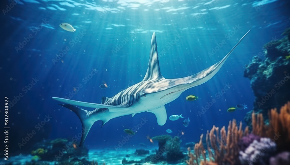 Fototapeta premium The Giant Sharks in the ocean, portrait of Shark hunting prey in the underwater
