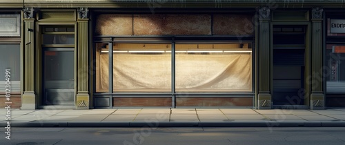 An abandoned storefront, a silent witness to economic struggle. Empty shelves, dusty windows, a stark reminder of recession's toll. Shadows cast a somber hue, accentuating the desolation. A powerful photo