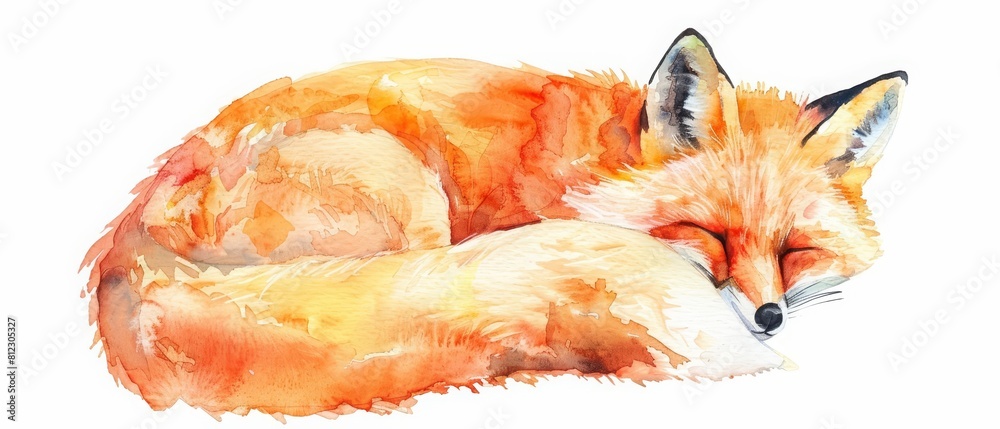 A lovely little fox, curled up in a minimal watercolor painting, looks so peaceful, Clipart minimal watercolor isolated on white background A lovely little fox, curled up in a minimal watercolor painting, looks so peaceful, Clipart minimal watercolor isolated on white background