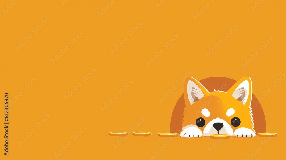 A Shiba Inu dog peeking out of a hole in an orange background, bitcoins on the table, banner, copy space, flat style illustration A Shiba Inu dog peeking out of a hole in an orange background, bitcoins on the table, banner, copy space, flat style illustration