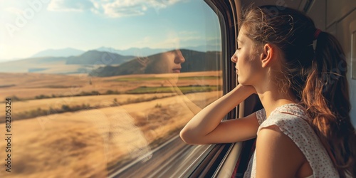 Young girl gazes out the window on a train journey, observing the scenic landscape moving by © gunzexx png and bg