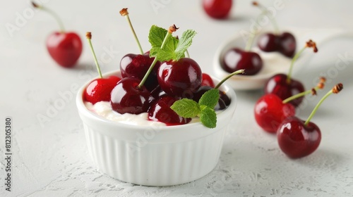 Cherries with assorted yoghurt in a white dish on a white surface