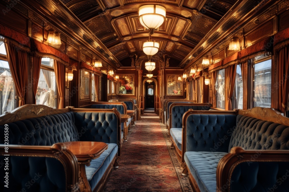 An Intricate Depiction of a Lavish Victorian Train Car Interior with Richly Decorated Furnishings