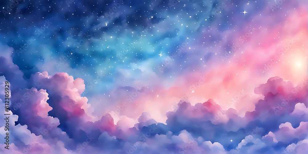 Watercolor sky with clouds and stars, dreamy, soft blue purple and pink color background , banner Watercolor sky with clouds and stars, dreamy, soft blue purple and pink color background , banner