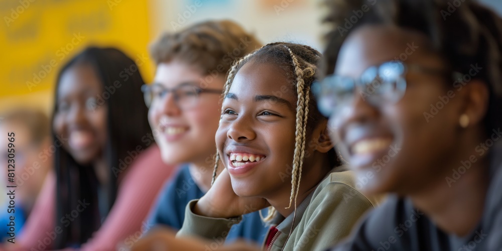 Obraz premium Diverse group of joyful teenage students smiling and looking away in a classroom, representing friendship and education