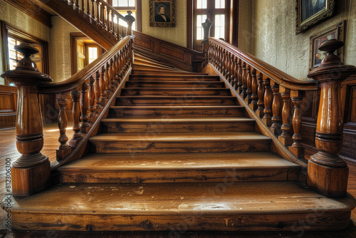  Wooden staircase in a colonial-era home  historic ambience enriched by resident portraits. 