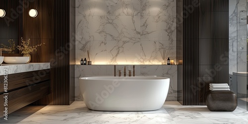 Indulgent bathroom with white marble tiles, freestanding bathtub, and dark wood cabinets. Opulent marble exudes luxury, while bathtub adds modern flair. Richness from dark wood enhances depth. Warm