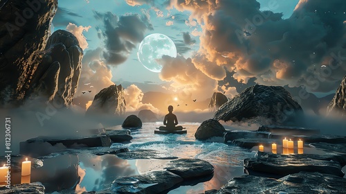 Dynamic composition featuring a person meditating surrounded by symbolic representations of the five elements: rocks, flowing water, candles, breezy air, and open sky. photo