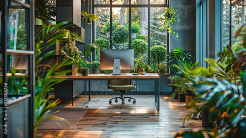 Green, sustainable and ecological office space with daily employee traffic A modern and eco-friendly startup with ESG standards and an office with care for employee well-being and a healthy environmet