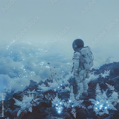 An astronaut explores a newly discovered planet, dotted with bioluminescent plants and ethereal fog