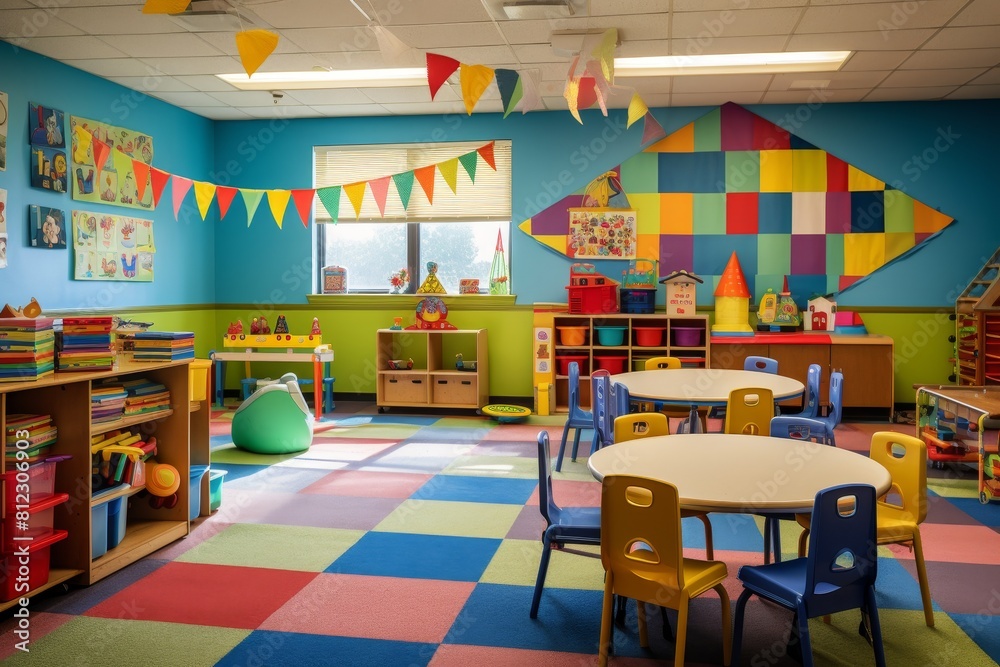 A Cozy and Colorful Nursery Room with a Variety of Soft Toys and Learning Materials A Cozy and Colorful Nursery Room with a Variety of Soft Toys and Learning Materials