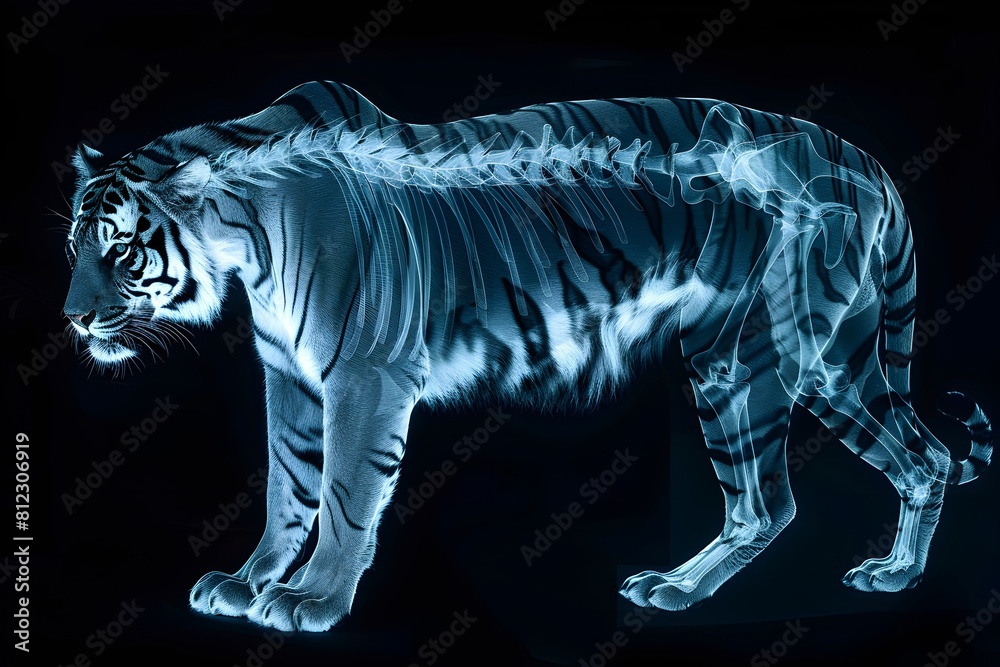 A tiger skeleton is shown in a blue and white color scheme. The image has a surreal and dreamlike quality, with the tiger's bones appearing to be glowing in the dark background A tiger skeleton is shown in a blue and white color scheme. The image has a surreal and dreamlike quality, with the tiger's bones appearing to be glowing in the dark background