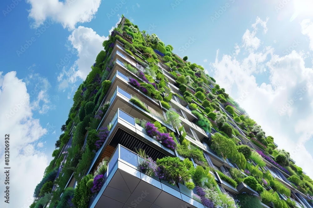 An ecofriendly highrise apartment, equipped with vertical gardens and energygenerating windows An ecofriendly highrise apartment, equipped with vertical gardens and energygenerating windows