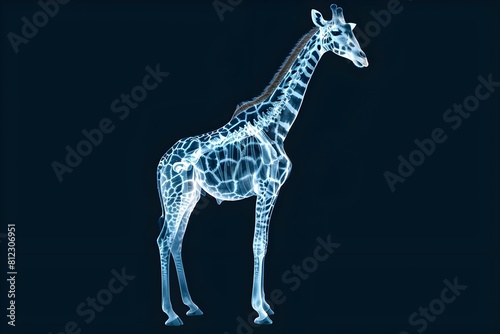 A skeletonized giraffe is shown in a blue and white color scheme. The image has a futuristic and otherworldly feel to it  as if the giraffe has been transformed into a digital or holographic form